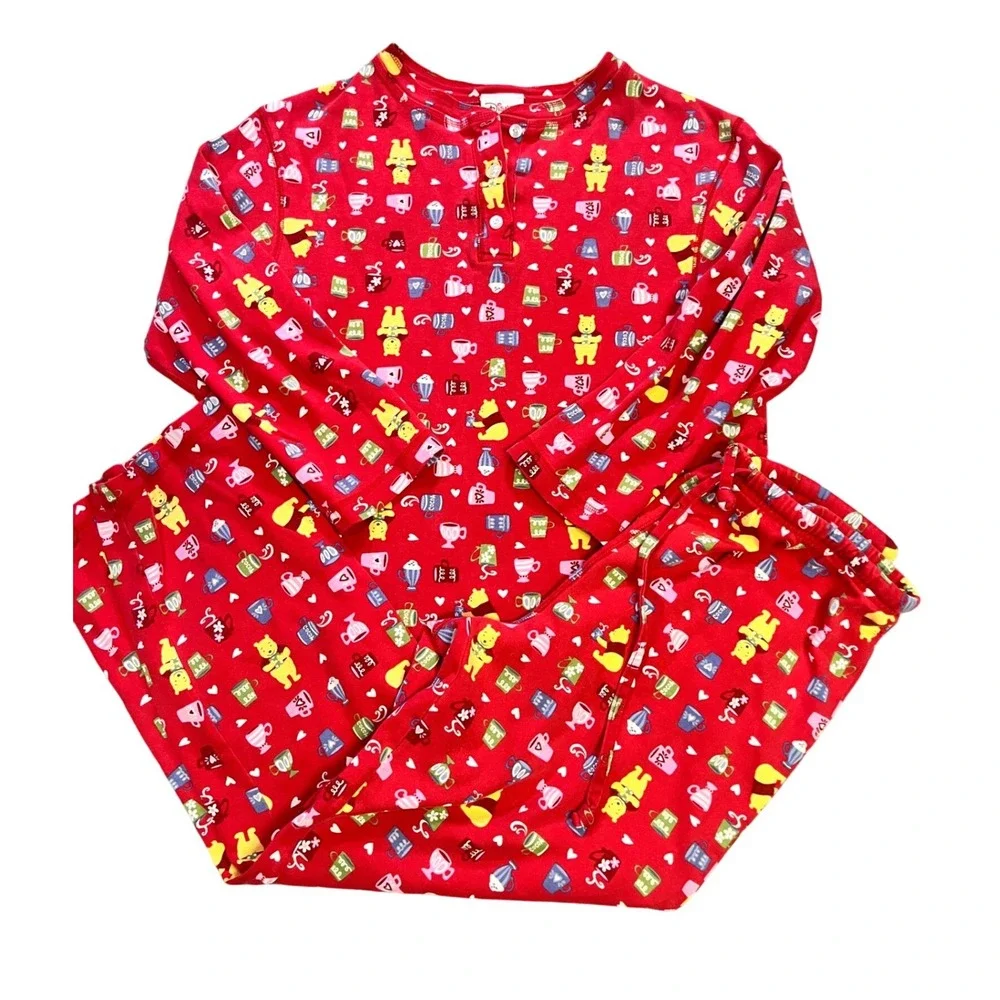 Disney Store Winnie the Pooh Vintage Pajama Set Red XS S Cocoa Cups Bears Sleep - Picture 1 of 9